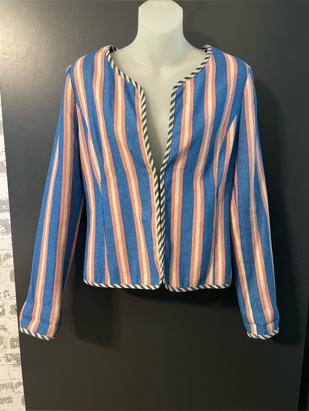 NÜMPH Blue Pink Striped Cotton Open Front Jacket Blazer UK 12 Boho coastal - Picture 4 of 10